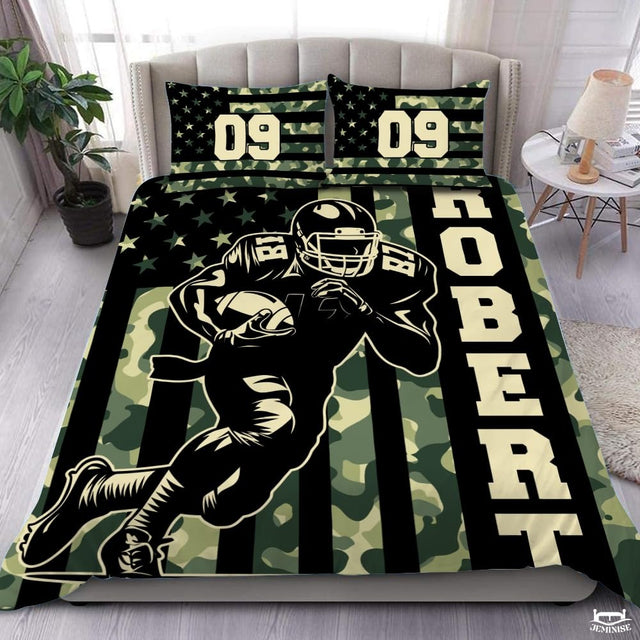 Custom Football Player Running on Camouflage Flag Comforter