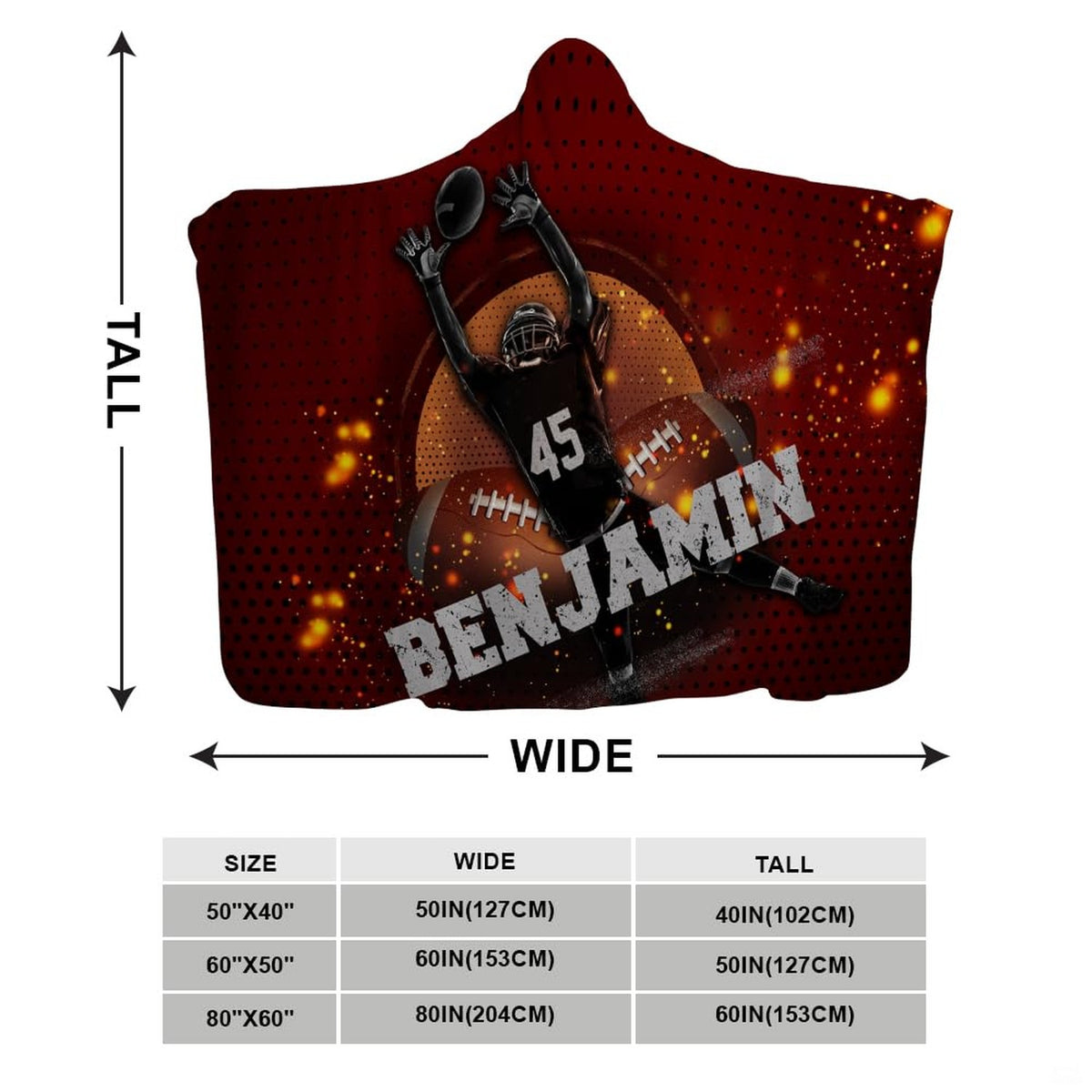 Football player crimson throw blanket held open showing dramatic gridiron receiver artwork