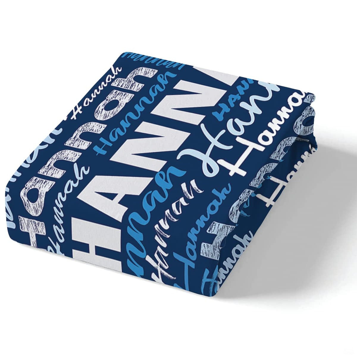 Corner fold view of typography bedding highlighting sharp blue and white graphic printing