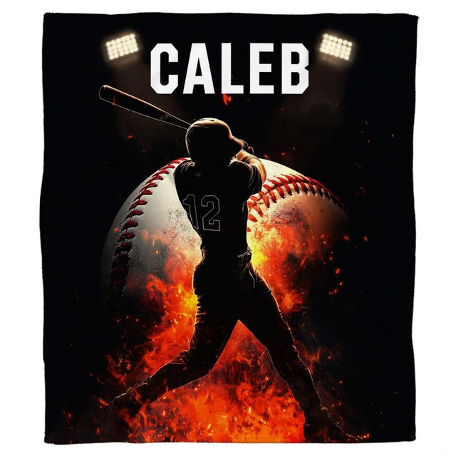 Fiery baseball bed covers showing batter silhouette swinging before glowing flames and stadium floodlights.
