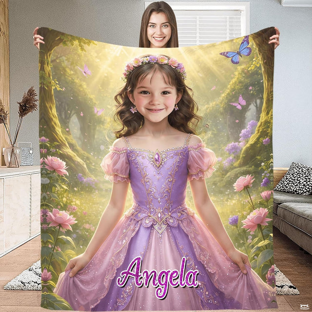 Model holding open an enchanted princess blanket showing a girl in a purple gown in a sunlit forest.