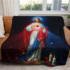 Bed styling featuring the Sacred Heart motif with red rose petals and glowing candlelight illustration.