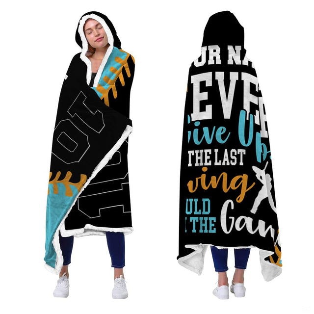 Front and rear views of a model wearing the baseball sports hooded throw blanket.