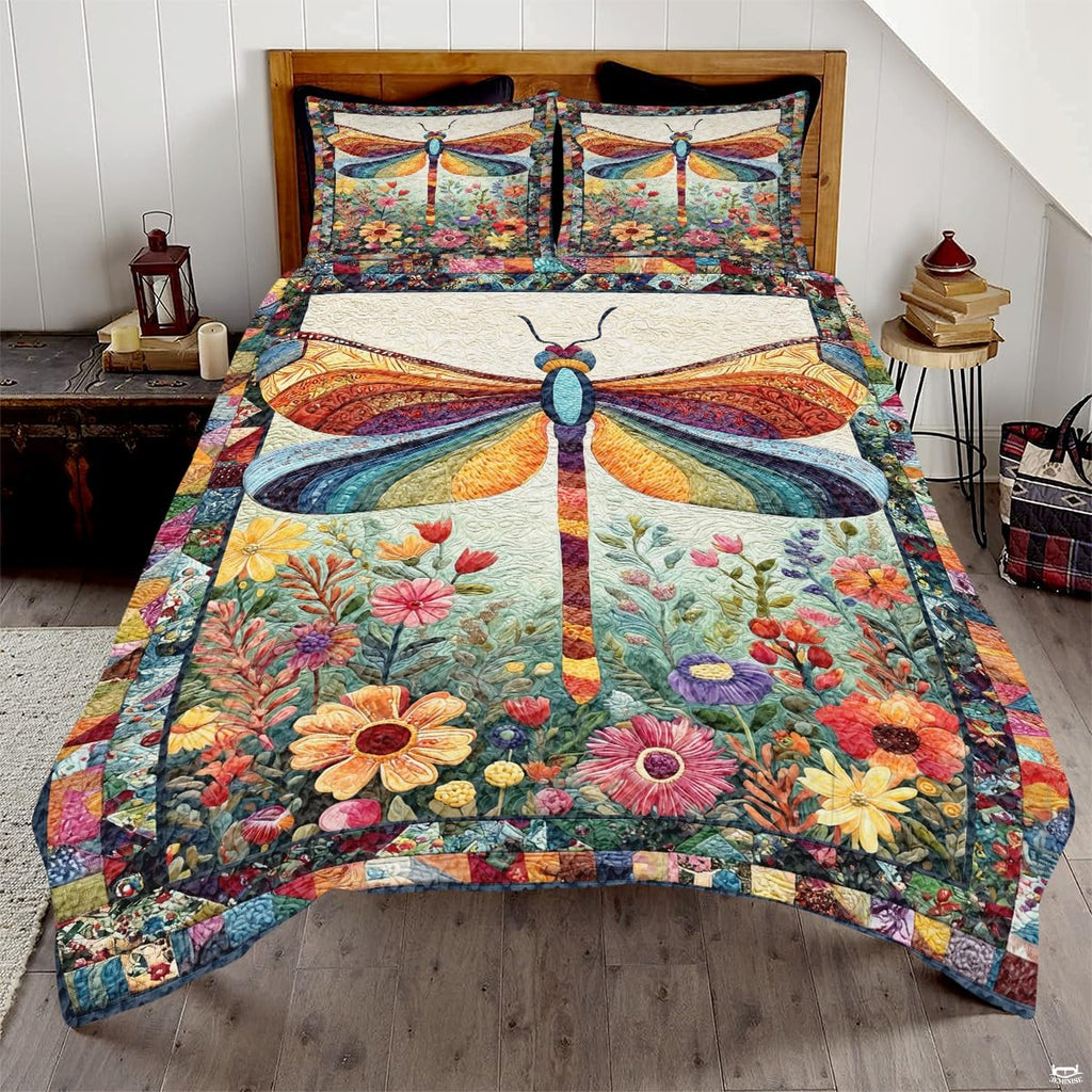 Personalized Dragonfly Patchwork Floral Garden Quilt Set