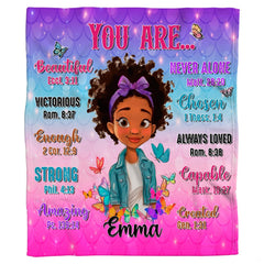 Faith girl blanket featuring cartoon character, butterflies, and scripture on mermaid scale gradient.