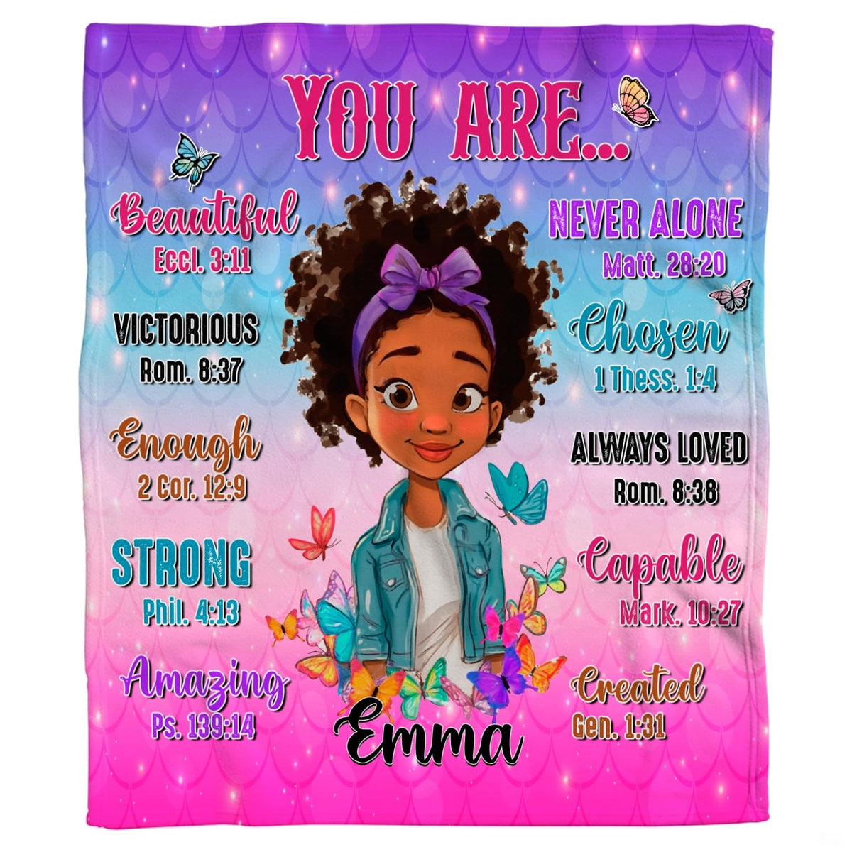 Faith girl blanket featuring cartoon character, butterflies, and scripture on mermaid scale gradient.