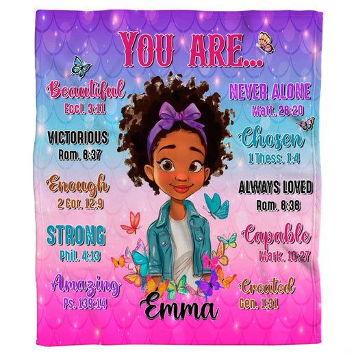 Faith girl blanket featuring cartoon character, butterflies, and scripture on mermaid scale gradient.