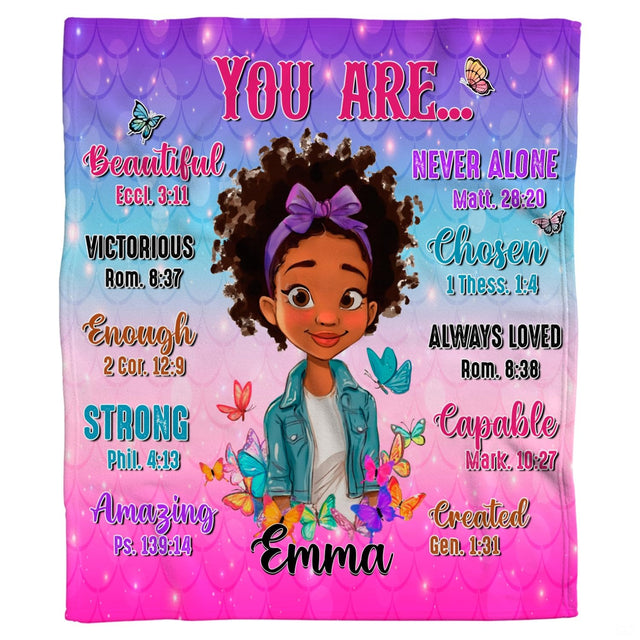 Faith girl blanket featuring cartoon character, butterflies, and scripture on mermaid scale gradient.