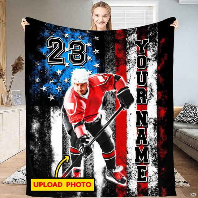 Patriotic ice hockey player throw blanket with distressed American flag stars and crimson stripes