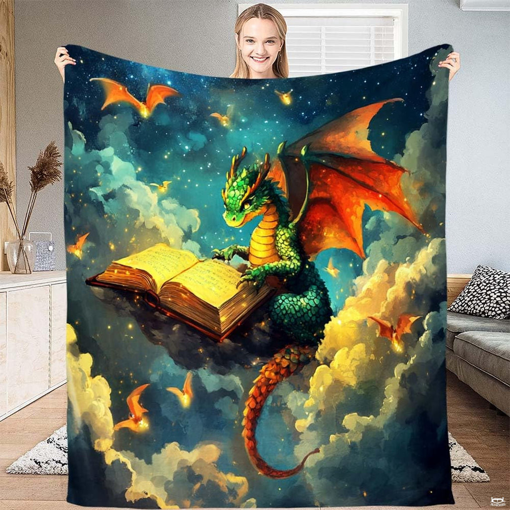 Fantasy green dragon reading glowing storybook on clouds under starry sky, view 1.