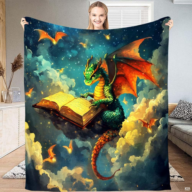 Fantasy green dragon reading glowing storybook on clouds under starry sky, view 1.