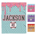 Waffle cone motif in turquoise blue with pink frosting drips and baseball varsity styling for bedroom decor.