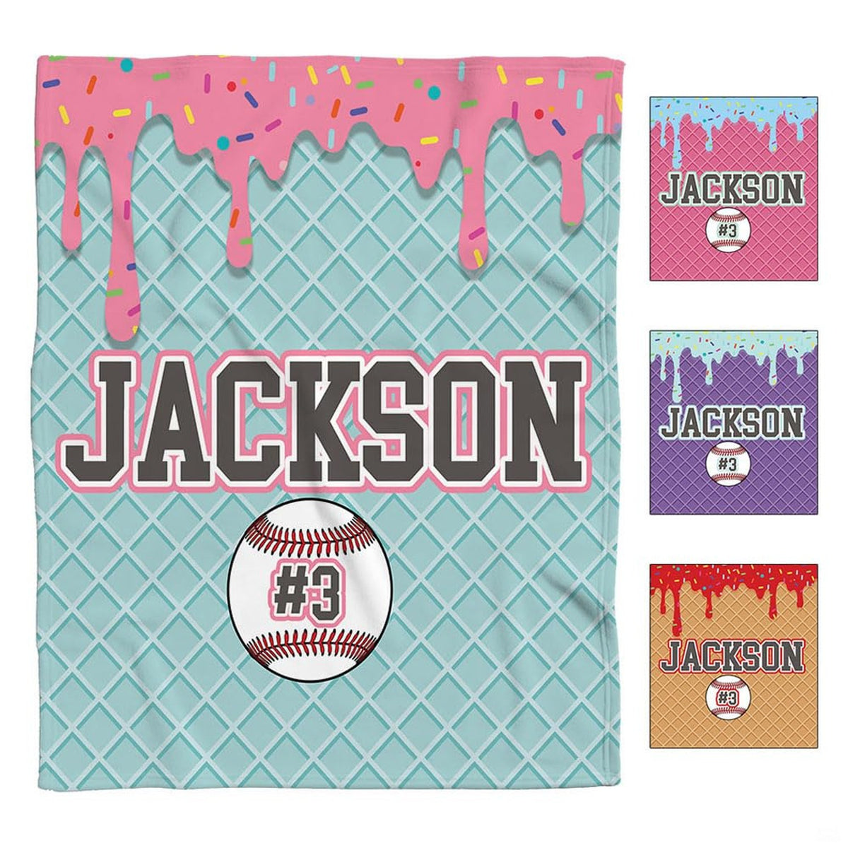 Waffle cone motif in turquoise blue with pink frosting drips and baseball varsity styling for bedroom decor.