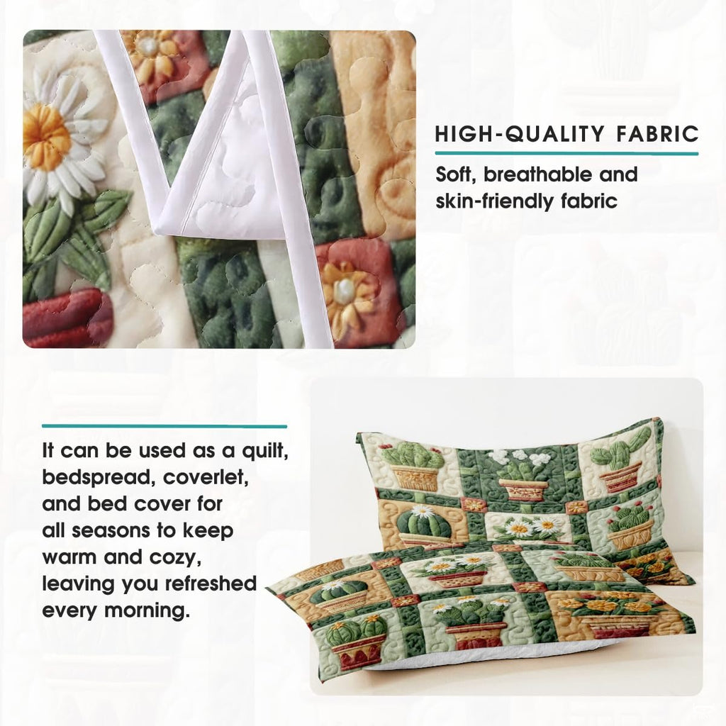 Desert Cactus Printed Quilt Set, Vibrant Cactus & Flower Quilt Bedspread Set – Colorful Bedding for Bedroom, Cozy Throw Quilt for Spring Summer Décor (Style #12)