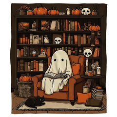 Reading ghost bedding featuring autumn pumpkins, glowing candles, and bookshelves in thematic accent amber tones.