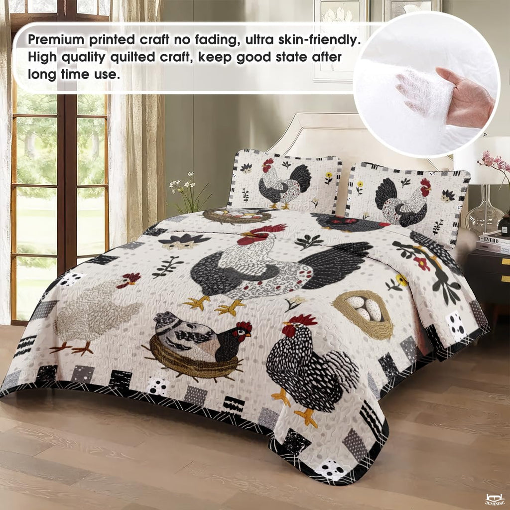 Chicken Pattern Quilt Set, Animal Patchwork Farmhouse Quilt Set Bedspread, Premium Pattern Quilt Bedspread, Bedding Gift for Lover Daughter Son Father Mother