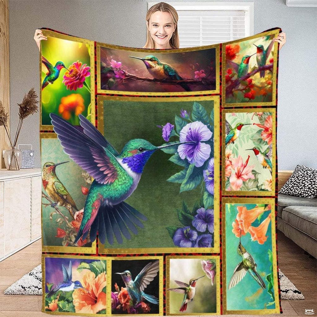 Hummingbird bed cover featuring patchwork collage of hummingbirds and tropical flowers in a vibrant bedroom setting.