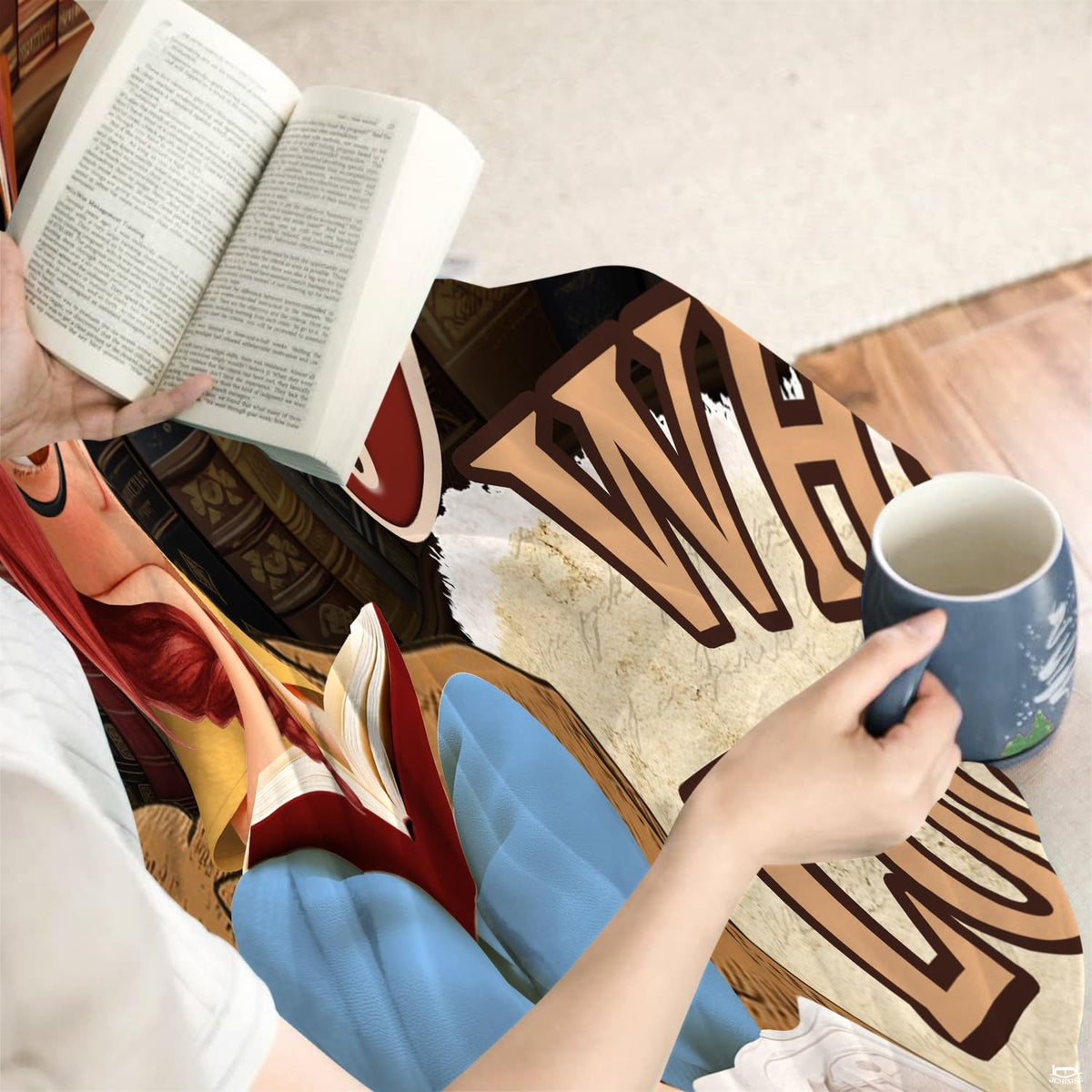 Angled perspective of reader girl throw blanket displaying rich book spine colors and draped folds.