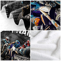 Bedroom styled with motocross dirt bike racing throw blanket displayed across rustic bedding