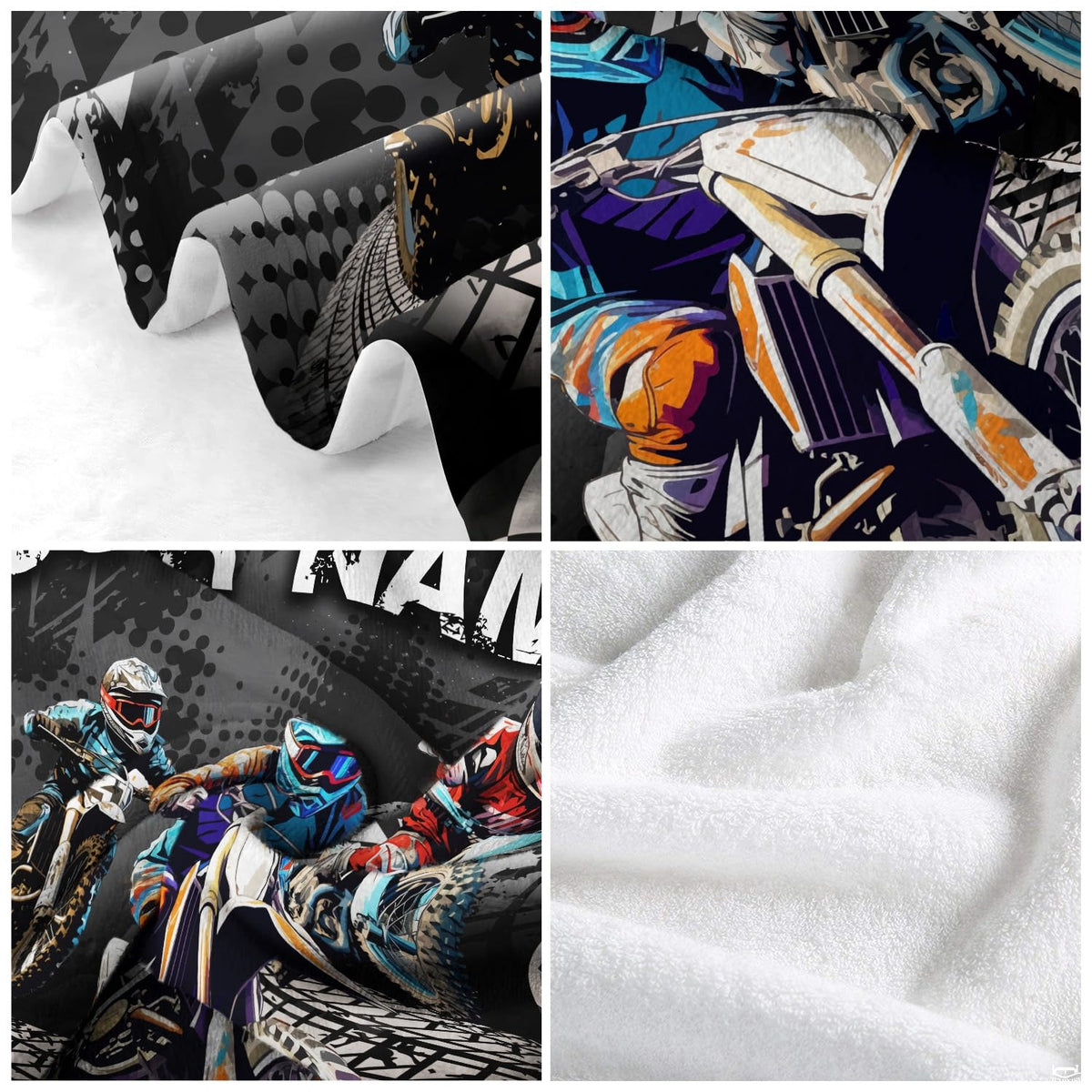 Bedroom styled with motocross dirt bike racing throw blanket displayed across rustic bedding