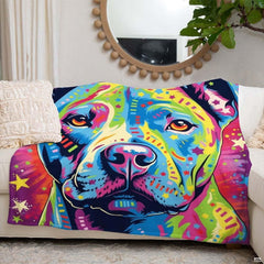 Detailed graphic view of rainbow pit bull bedding print highlighting starry motifs and pop art illustrations.