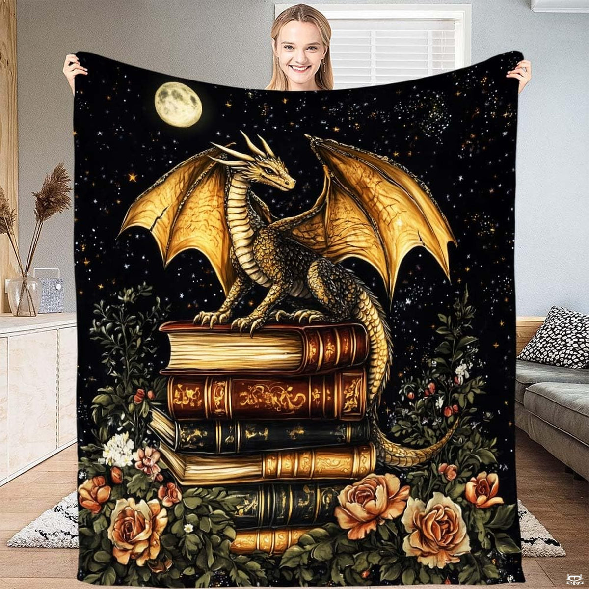 Golden dragon throw blanket showing a winged dragon perched on vintage book stack beneath a full moon.