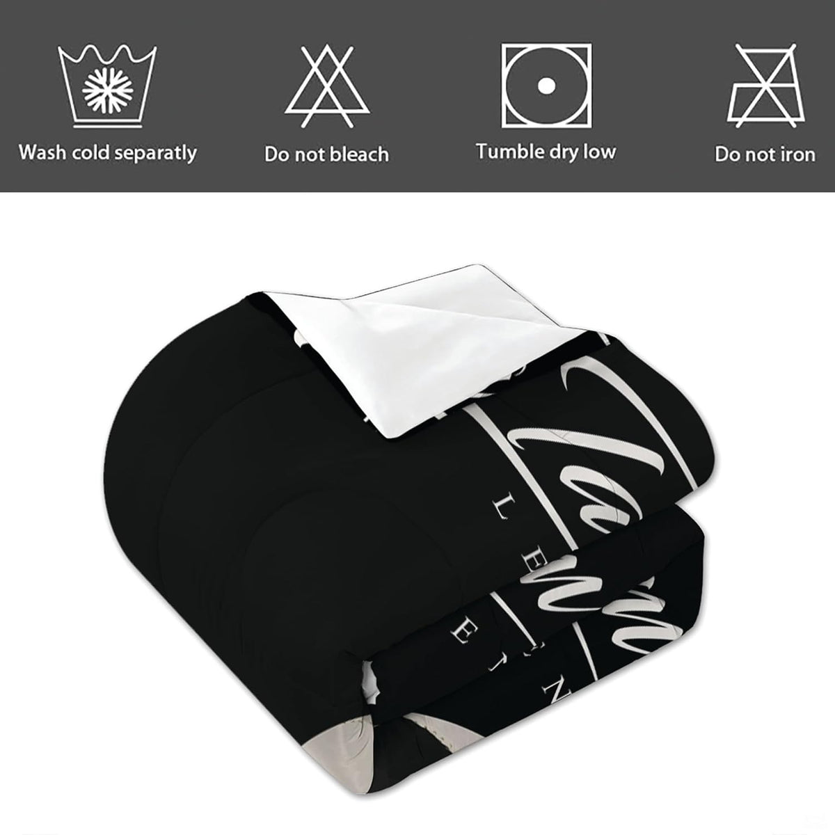 Angled perspective of black soccer bedding highlighting elegant athletic typography