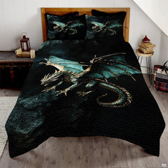 Teal and black dragon flying through dark smoky clouds