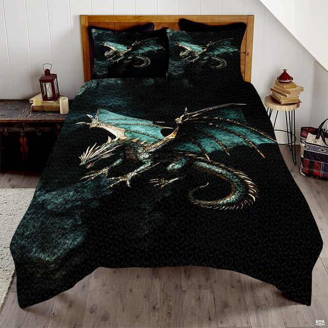 Teal and black dragon flying through dark smoky clouds