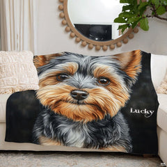 Folded presentation of the Yorkie dog throw blanket resting neatly on an armchair.