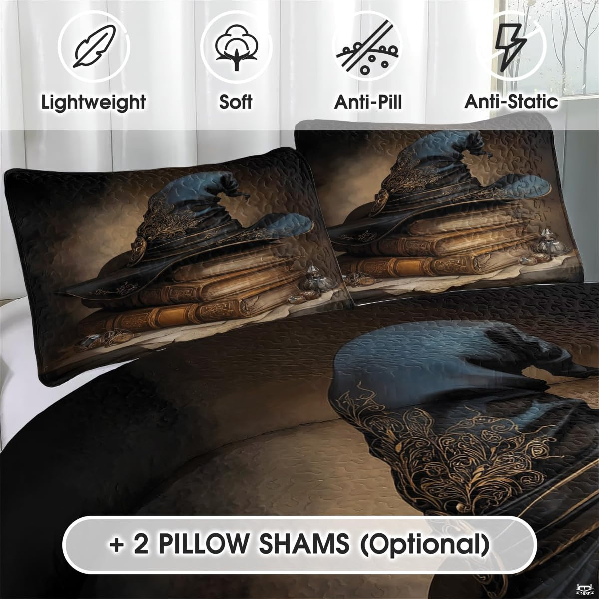 Close view of witch hat pillow artwork
