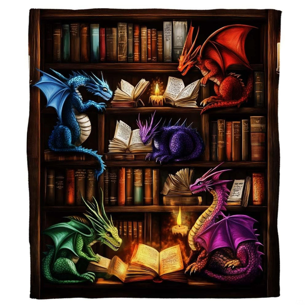 Full flat overhead view showing the complete fantasy dragons bookshelf library artwork composition.