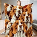 Artistic collage pattern of tri-color Beagle hound dog portraits, view 1.