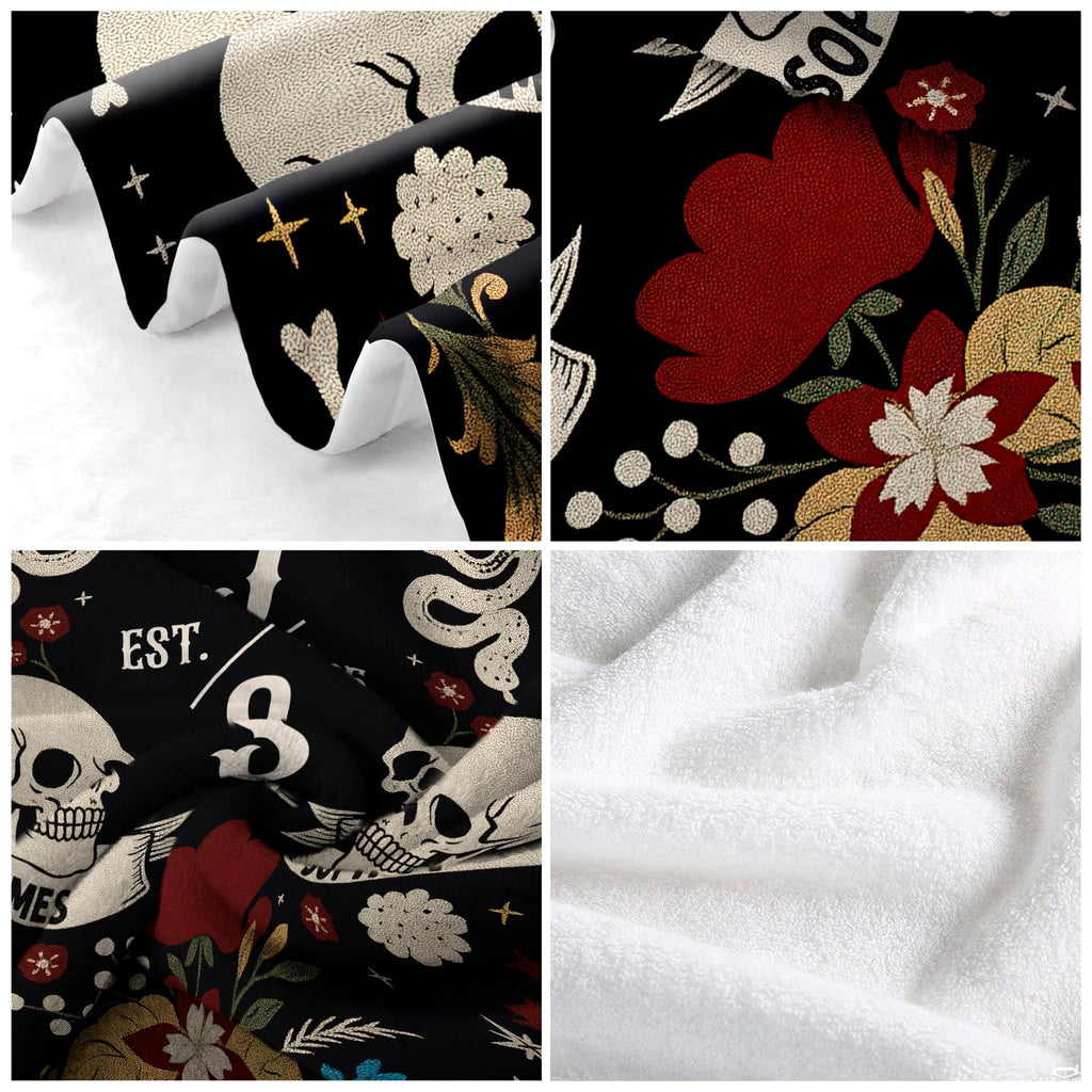 Detailed view of crimson flowers, golden filigree leaves, and finished blanket edges.