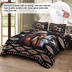 Close-up view of tribal bedding highlighting detailed chieftain silhouette and flowing feathered headdress