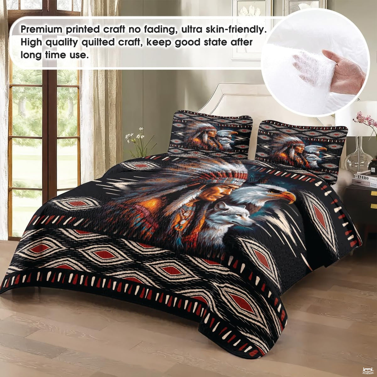 Close-up view of tribal bedding highlighting detailed chieftain silhouette and flowing feathered headdress