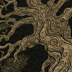 Detailed view of intricate interlocking knotwork branches on Celtic Tree of Life bedding artwork in muted olive tones
