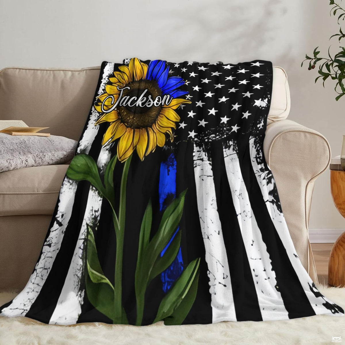 Dimension reference diagram for sunflower blue line flag blanket