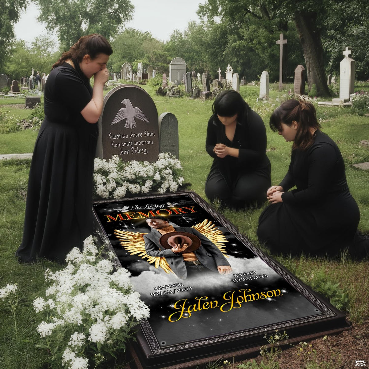 Outdoor cemetery gravesite memorial gathering featuring the golden angel wings tribute blanket display.