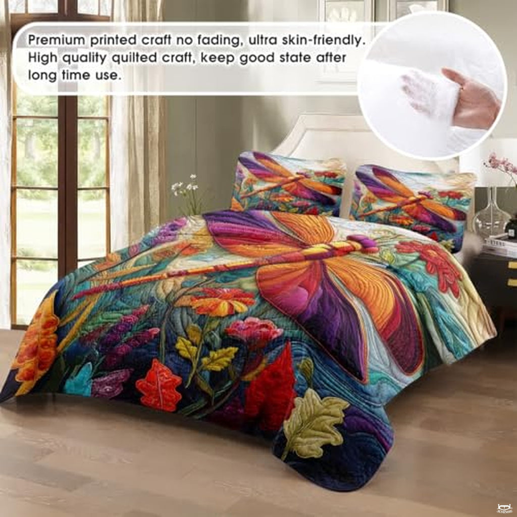 Personalized Dragonfly Patchwork Pattern Quilt Set, Animal Style, Dragonfly Quilt Set Bedspread, Custom Nature Autumn Quilt Bedset, Cotton Bedding for Bedroom Girl Room (Dragonfly Garden)