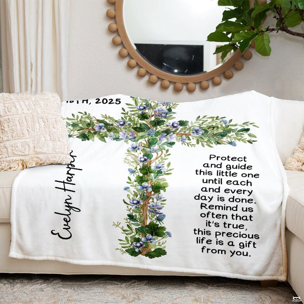 Baptism design with botanical floral wooden cross and blessing verses, view 6.