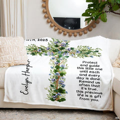 Baptism design with botanical floral wooden cross and blessing verses, view 6.