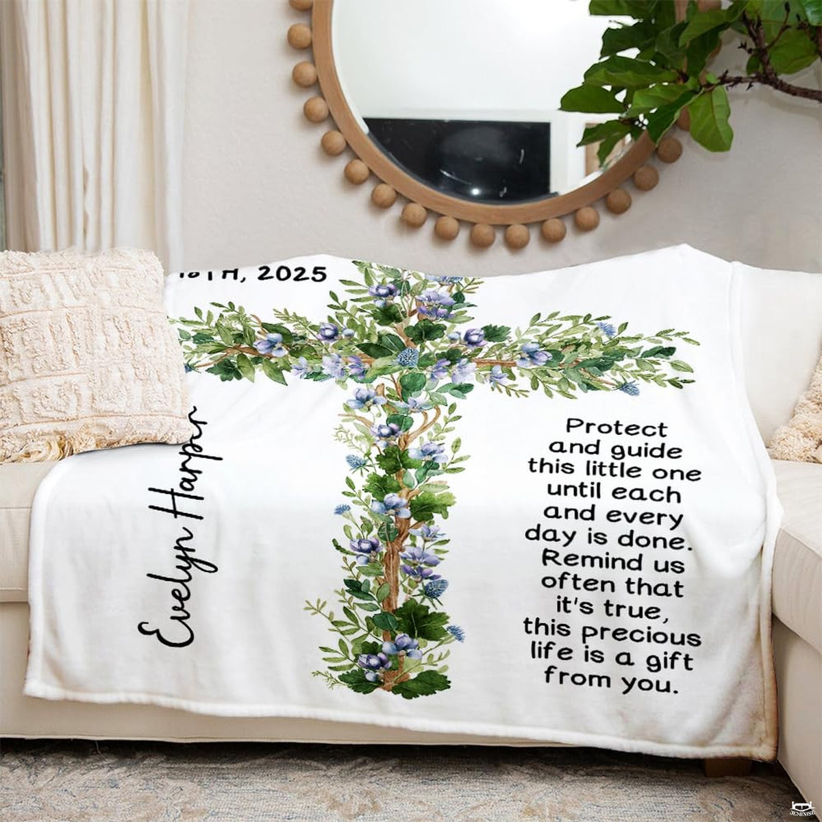 Baptism design with botanical floral wooden cross and blessing verses, view 6.