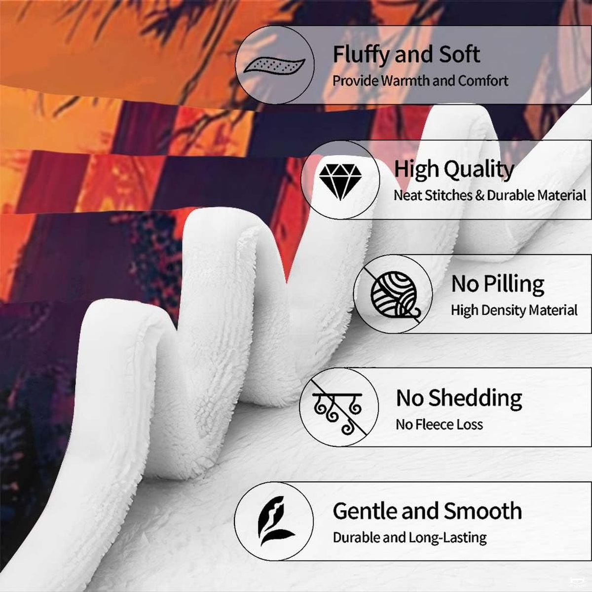Sunset Bigfoot throw blanket view 7 highlighting fiery amber sunset and pine timber silhouettes