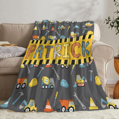 Construction dump trucks, excavators, and yellow caution stripe banner on grey background, view 7.
