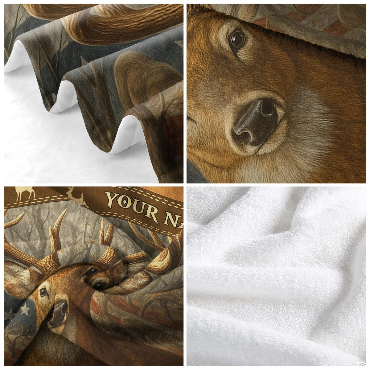 Four-panel close-up view showing textile pile, printed detail, and edge finishing.