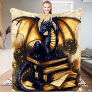 Fantasy Book Guardian Black Dragon Stack of Books Throw Blanket