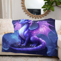 Close up of lavender dragon throw blanket highlighting horn details and sparkling star wings