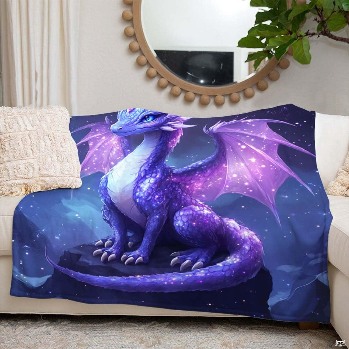 Close up of lavender dragon throw blanket highlighting horn details and sparkling star wings