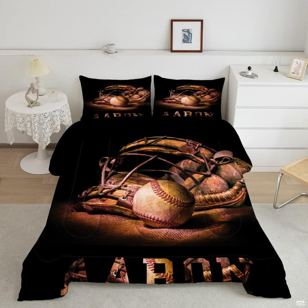 Dusty rose baseball helmet graphic sports bedding set displayed neatly on a bed in a modern youth bedroom